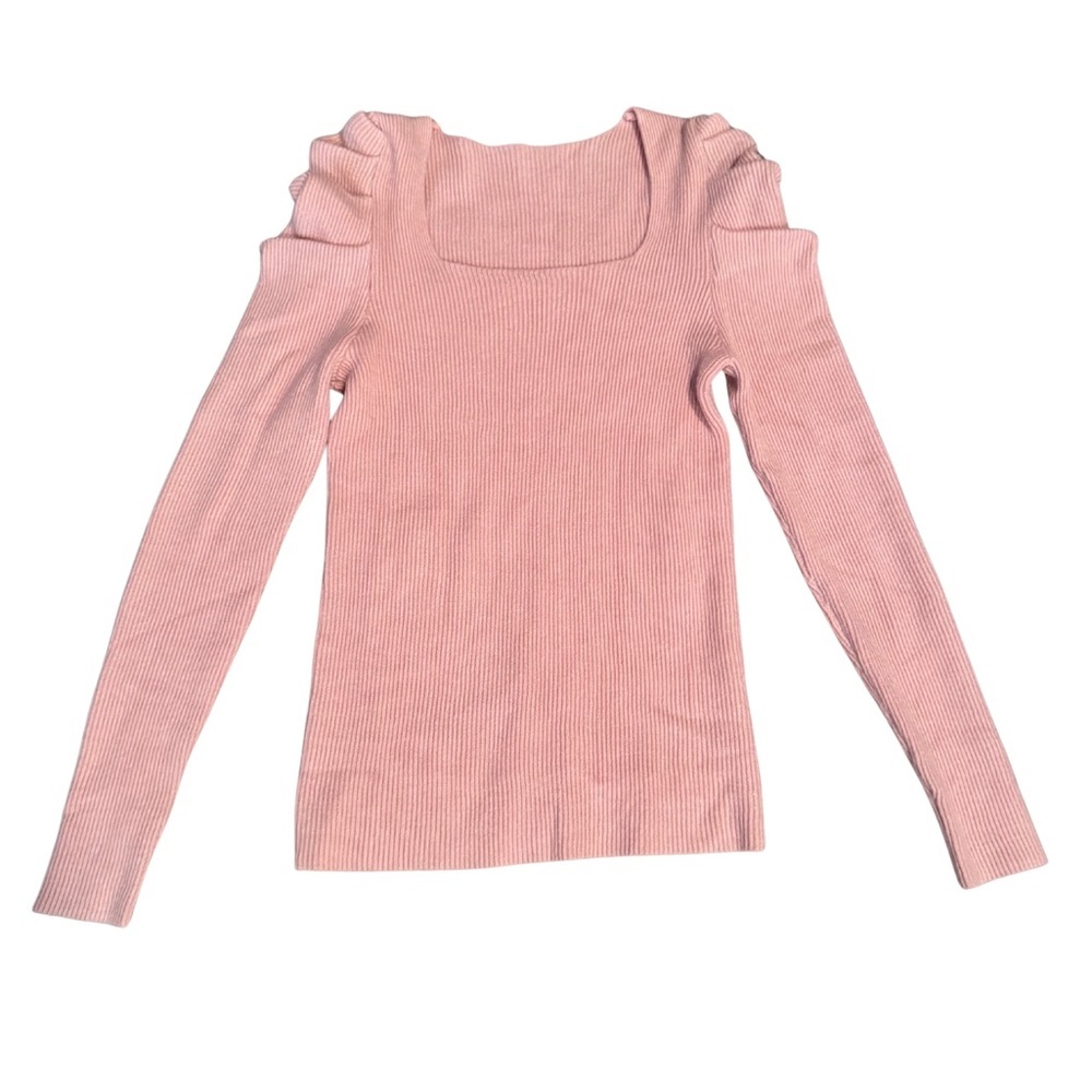 Ruched Square Neck Pink Ribbed Knit Long Sleeve Sweater Size Small - Picture 5 of 6